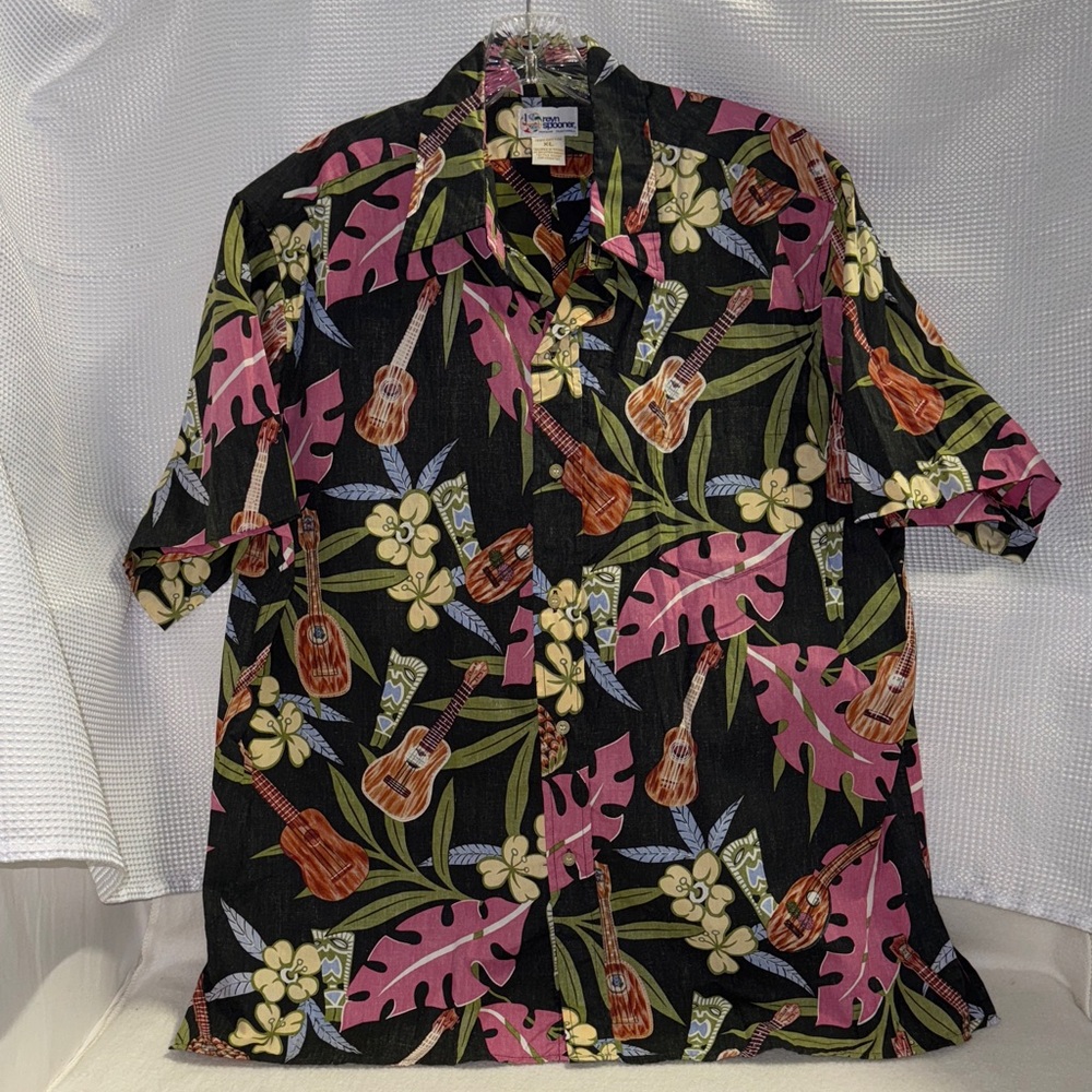 Reyn Spooner Hawaiian Aloha Shirt Black Floral Ukulele Tiki 100% Cotton Sz XL
